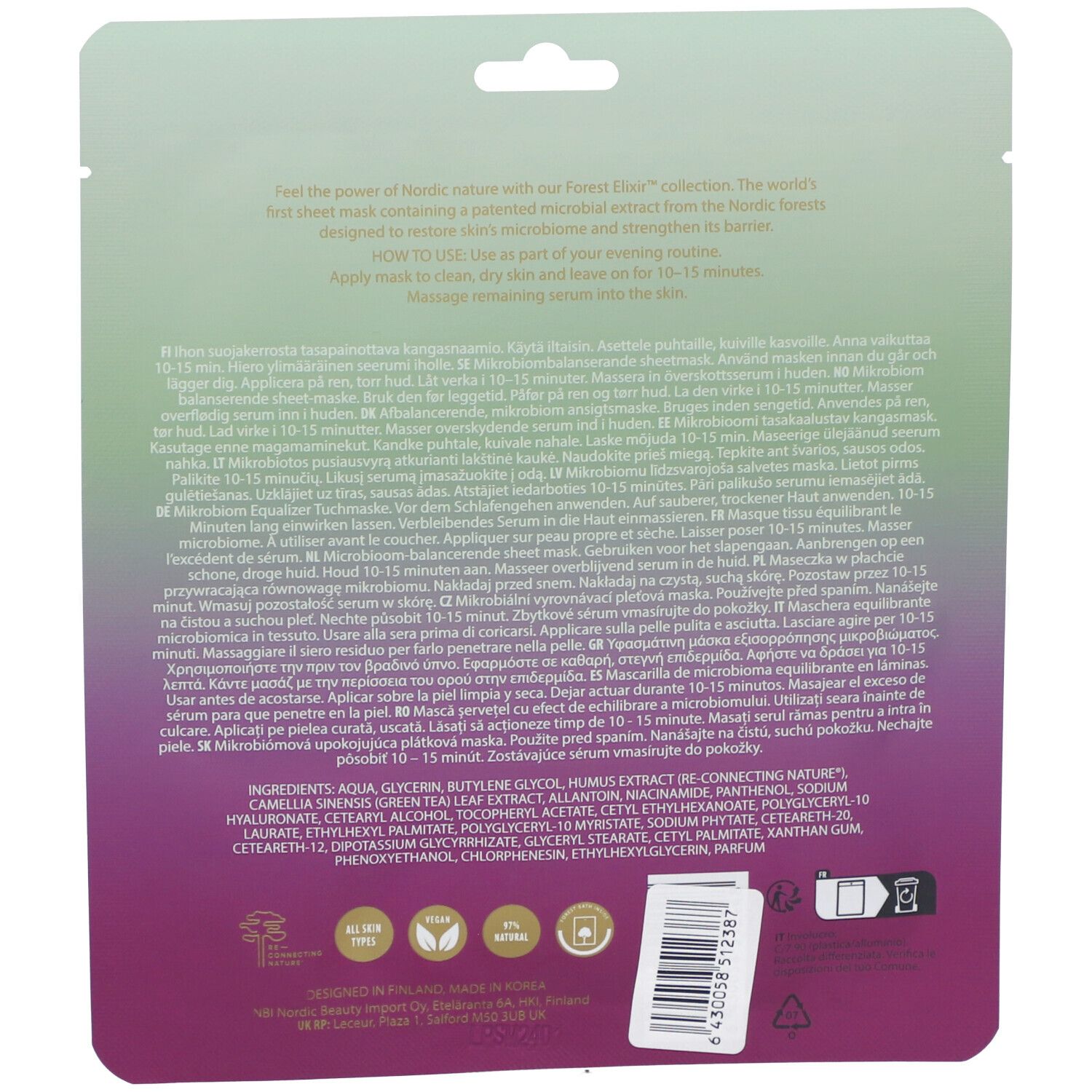 Rückseite der NOBE Forest Elixir Tuchmaske mit Inhaltsstoffen und Anwendungshinweisen.