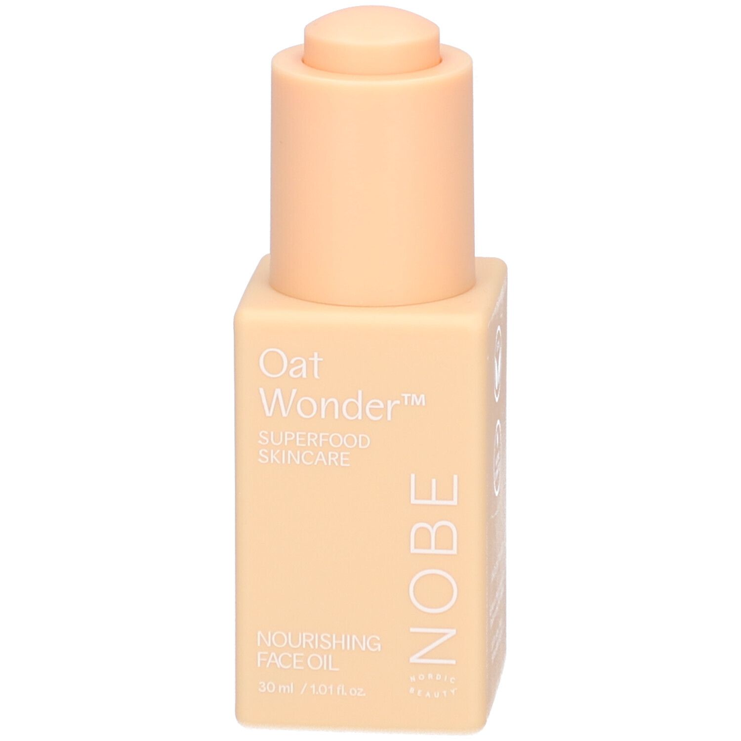 Huile visage NOBE Oat Wonder dans un flacon carré avec pompe. Texte : Nourishing Face Oil.
