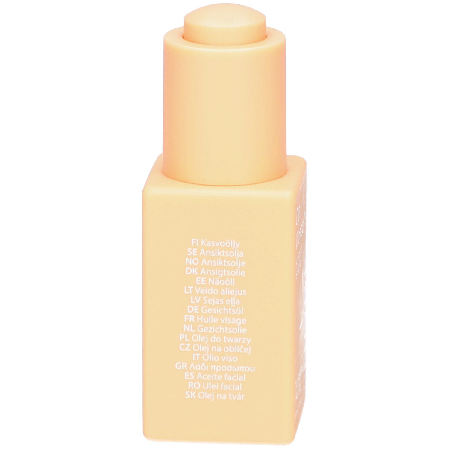 Arrière du flacon d'huile visage NOBE Oat Wonder avec noms de produits en plusieurs langues.
