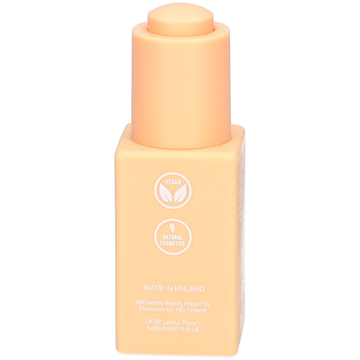 Côté du flacon d'huile visage NOBE Oat Wonder avec sceaux Vegan et Cosmétiques Naturels.
