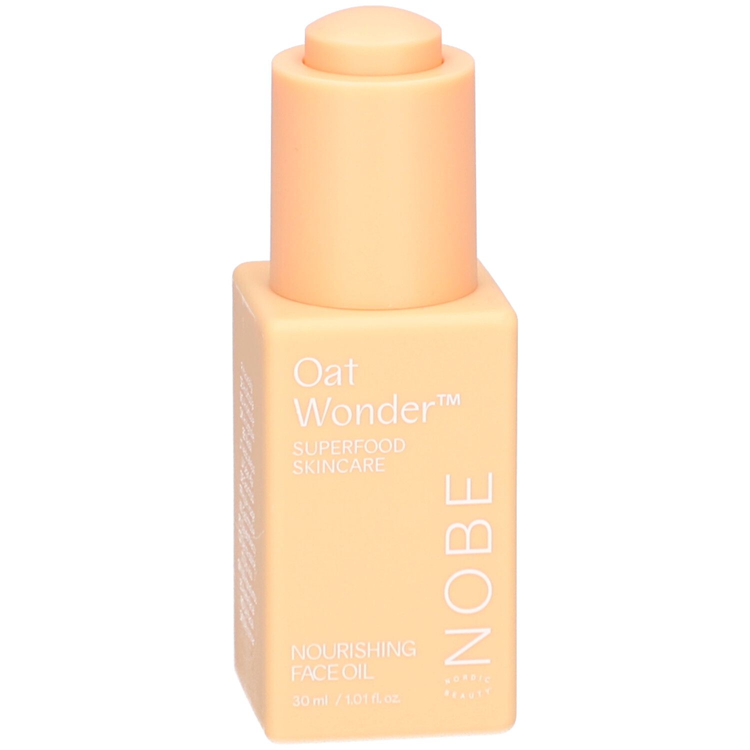 Flacon et emballage d'huile visage NOBE Oat Wonder. Texte : Nourishing Face Oil, 30 ml.