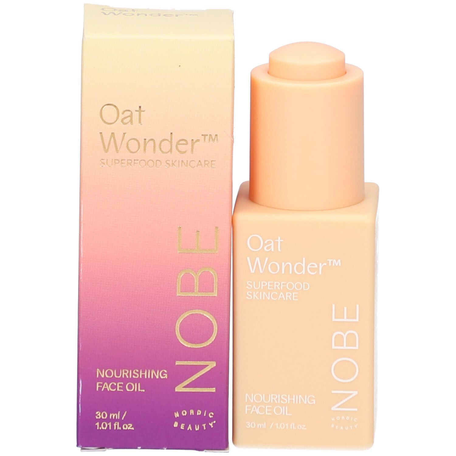Flacon et emballage d'huile visage NOBE Oat Wonder. Texte : Nourishing Face Oil, 30 ml.