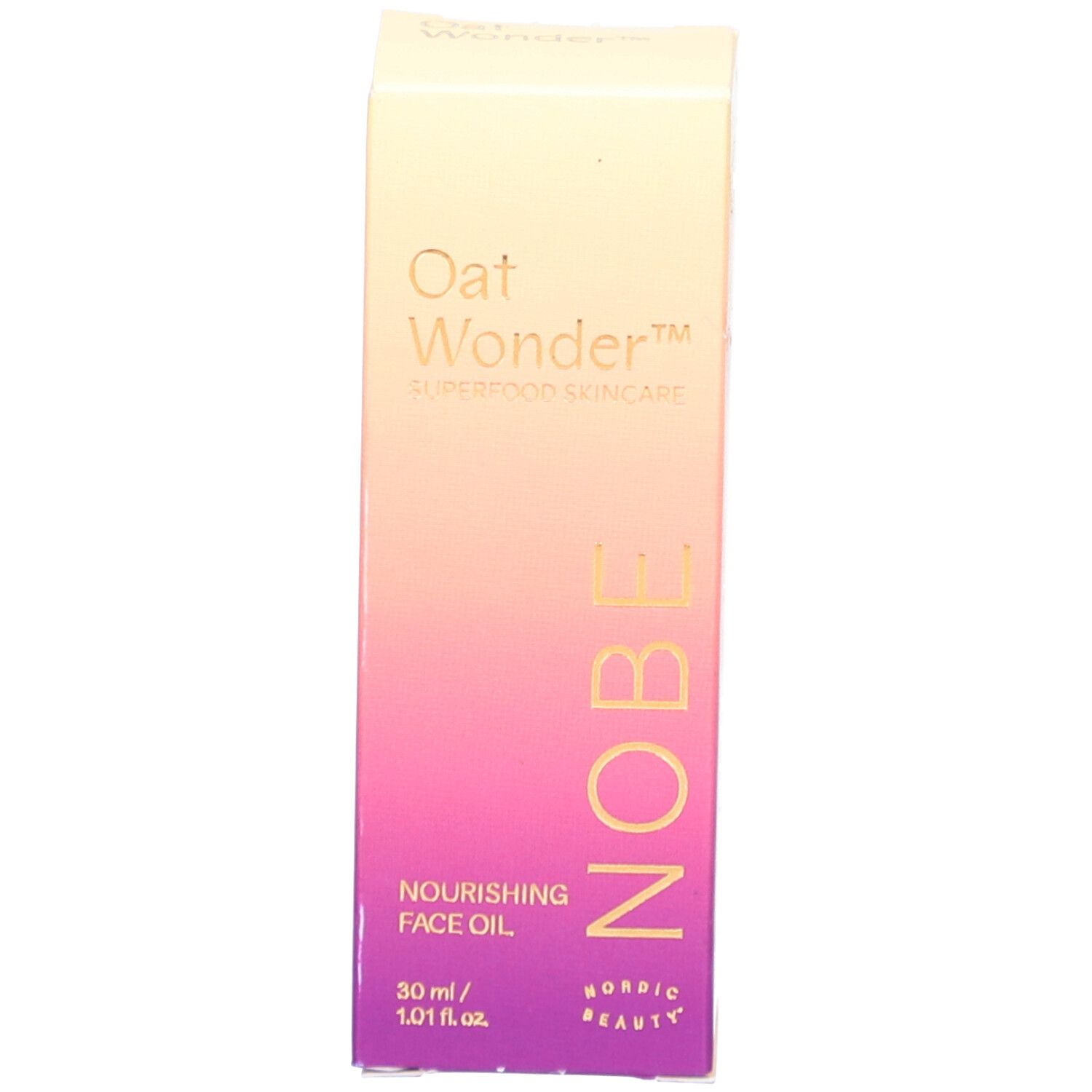Emballage d'huile visage NOBE Oat Wonder avec dégradé de couleurs et texte. Texte : Nourishing Face Oil, 30 ml.