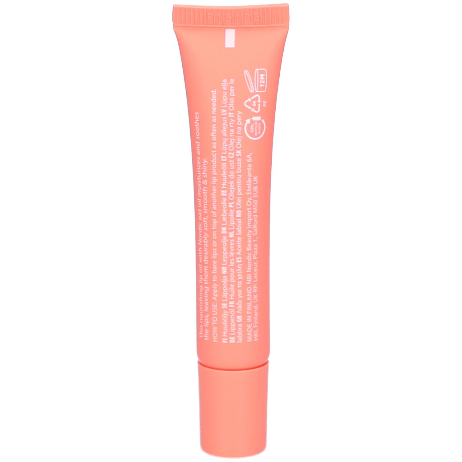 Rückseite der NOBE Oat Wonder Luminous Lip Oil Tube mit Inhaltsstoffen und Symbolen.