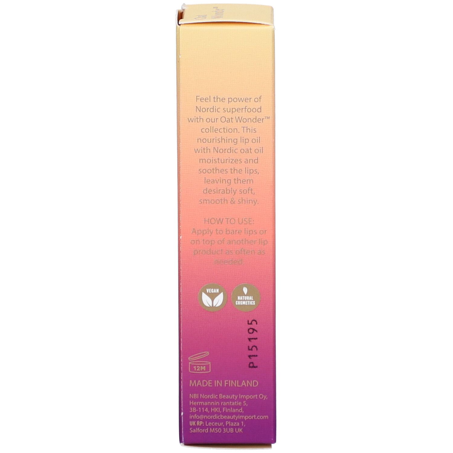 Seite der NOBE Oat Wonder Luminous Lip Oil Verpackung mit Beschreibung und Siegeln.