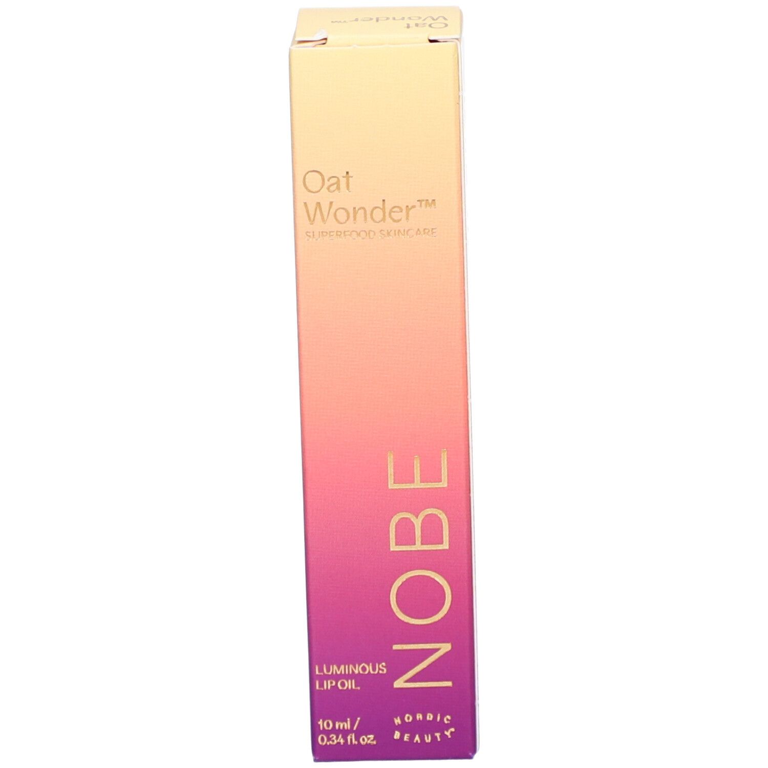 Rückseite der NOBE Oat Wonder Luminous Lip Oil Verpackung mit Text und Siegeln.