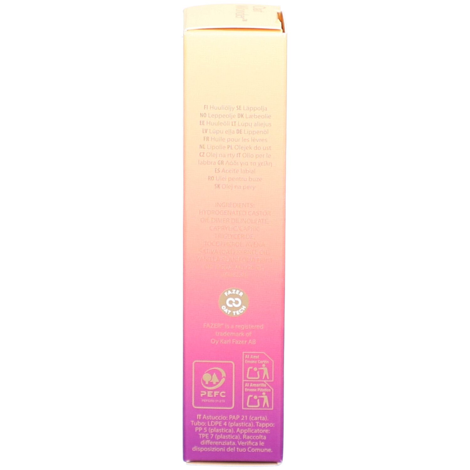 Verpackung von NOBE Oat Wonder Luminous Lip Oil mit Logo und Text.