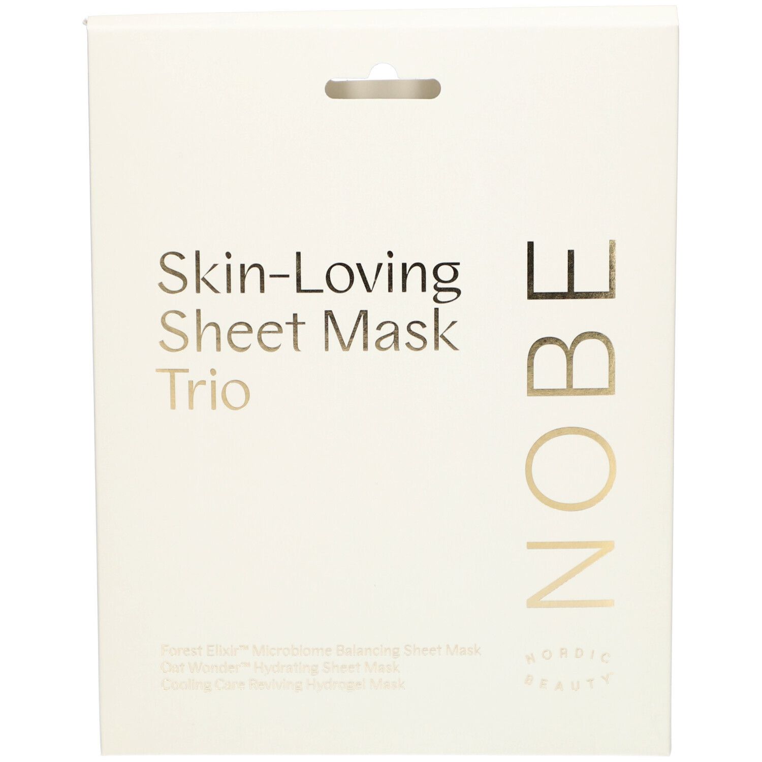 Verpackung für ein Trio von NOBE® Skin-Loving Sheet Masks mit goldener Schrift auf weißem Hintergrund.