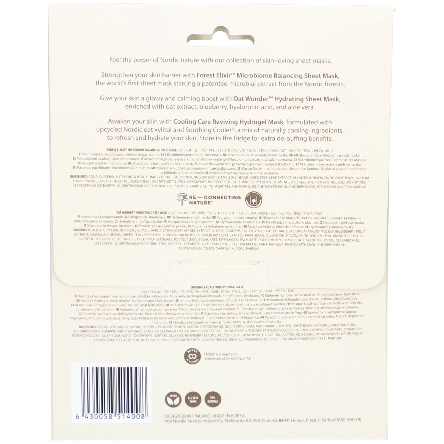 Rückseite der NOBE® Skin-Loving Sheet Mask Trio-Verpackung mit Produktinformationen und Barcode.