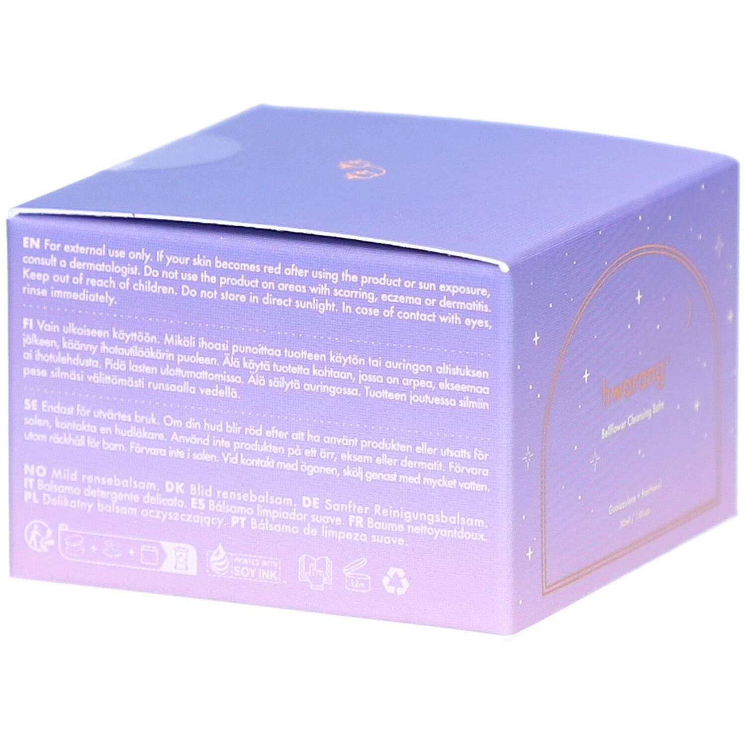 Dos de la boîte violette avec texte multilingue. Avertissements et informations d'utilisation.