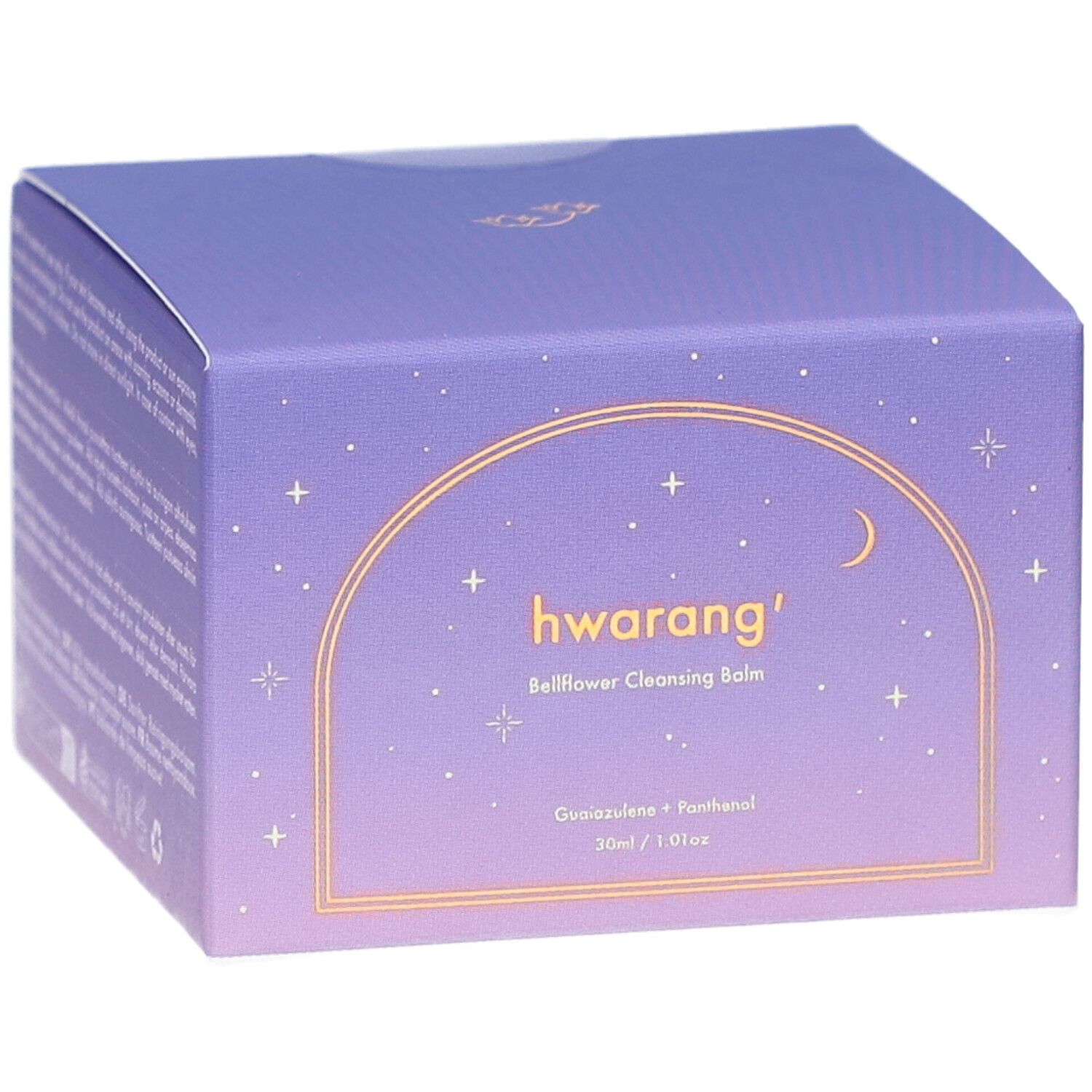 Boîte violette avec nom du produit et ingrédients. Cadre doré avec étoiles et lune.