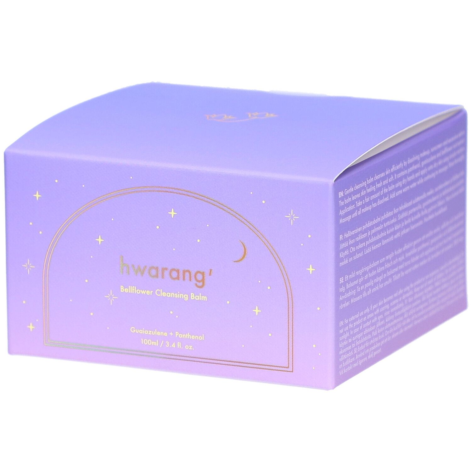 Lila Verpackung mit Produktnamen und Inhaltsstoffen. Goldene Schrift und Illustrationen. Quadratische Form.