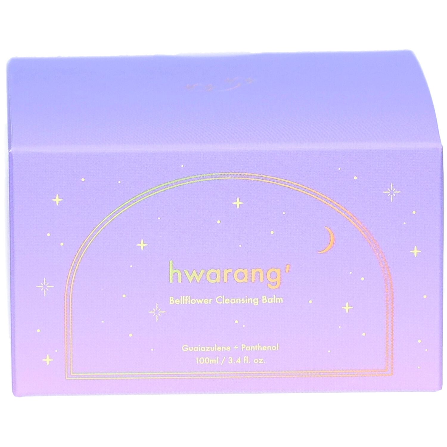 Lila Verpackung mit Produktnamen und Inhaltsstoffen. Goldene Schrift und Illustrationen. Quadratische Form.