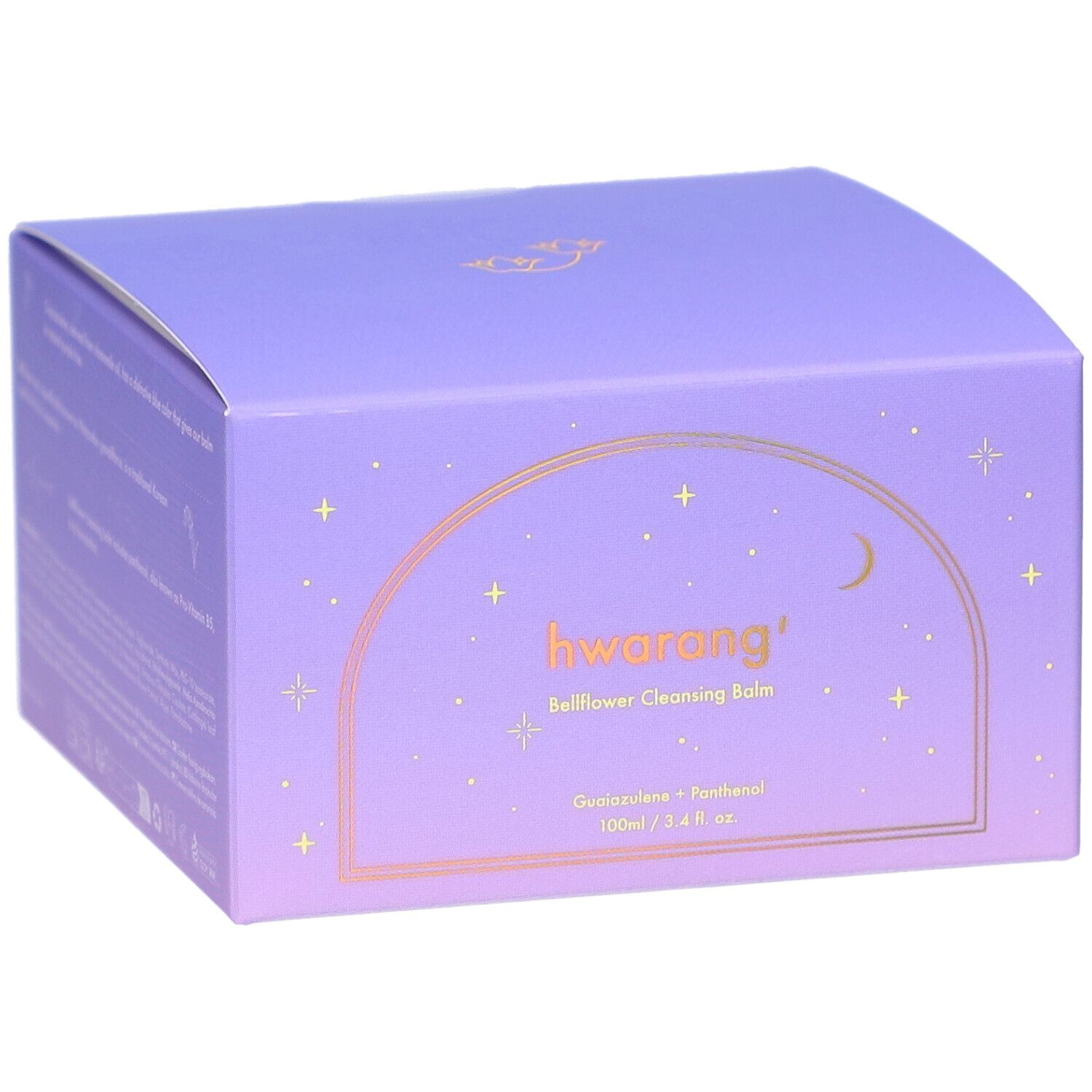 Lila Verpackung mit Produktnamen und Inhaltsstoffen. Goldene Schrift und Illustrationen. Quadratische Form.