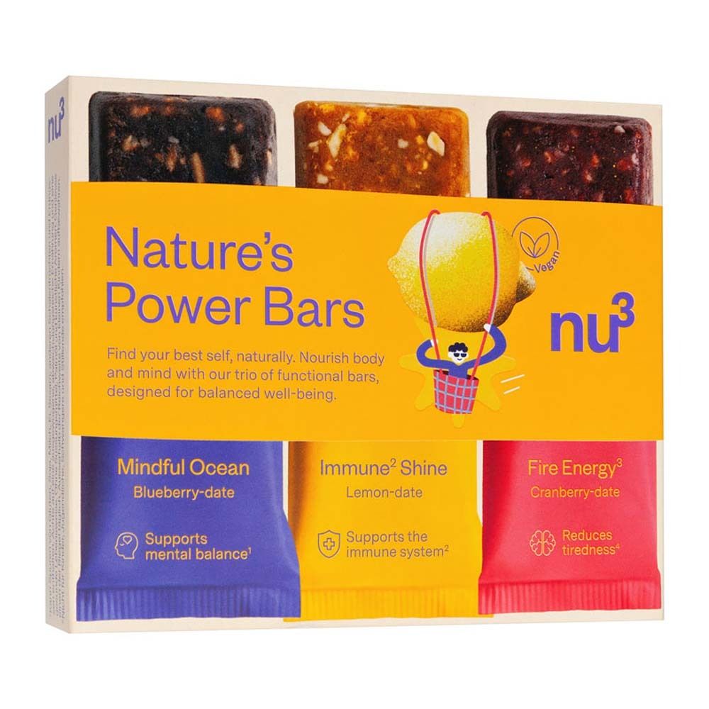 Verpackung mit drei Riegeln. Aufschrift: Nature's Power Bars, nu3. Vegan-Siegel. Drei Geschmacksrichtungen: Mindful Ocean, Immune Shine, Fire Energy.