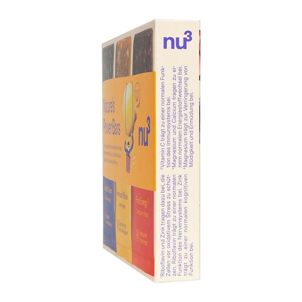 Seitenansicht der Verpackung mit Nature's Power Bars. Aufschrift: nu3. Text über Inhaltsstoffe und Nährwerte. Vegan-Siegel.