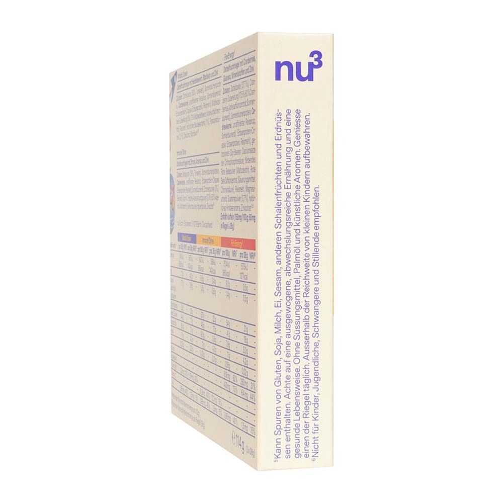 Seitenansicht der Verpackung mit Nature's Power Bars. Aufschrift: nu3. Text über Inhaltsstoffe und Nährwerte. Vegan-Siegel.