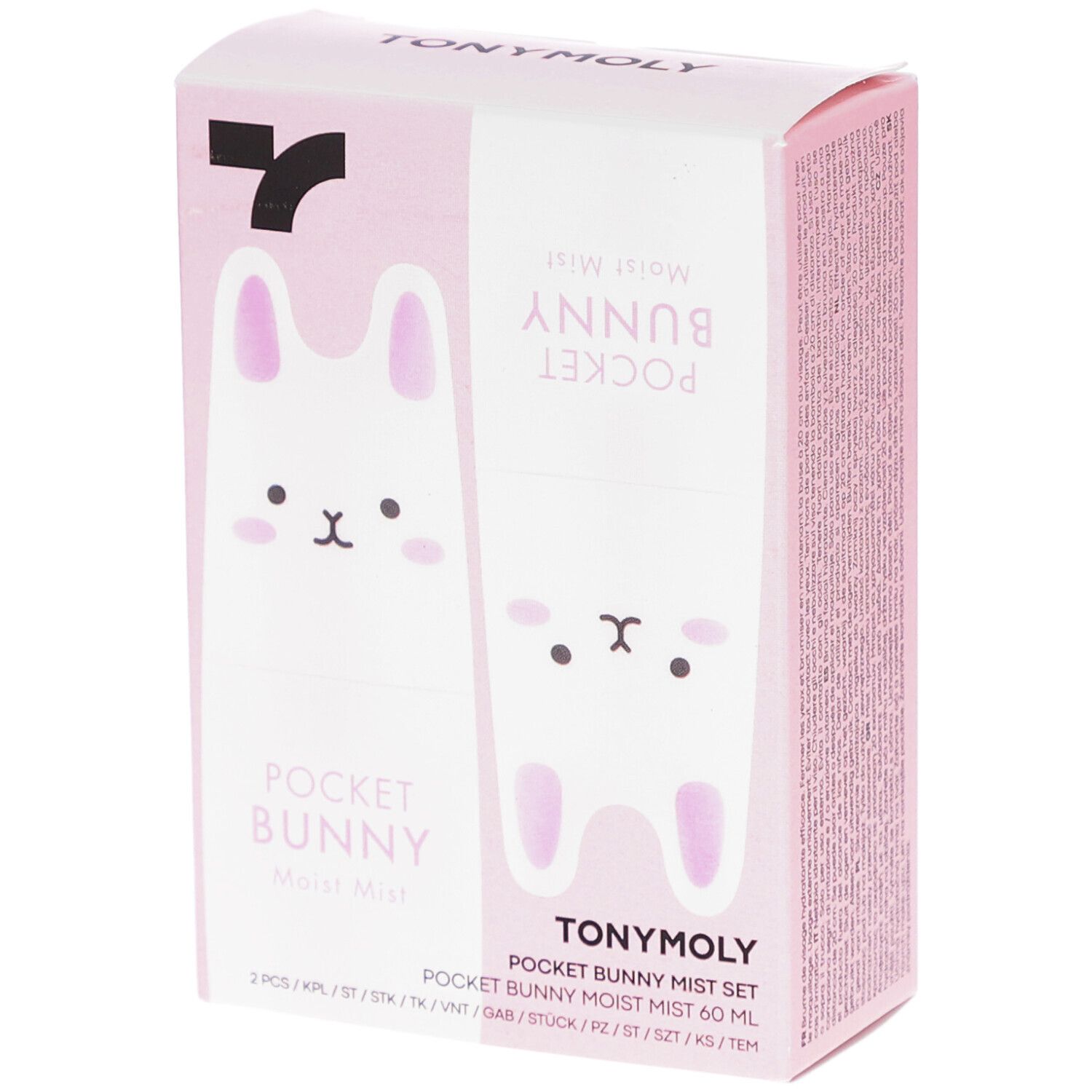 Emballage rose avec illustrations de lapin et noms de produits. Texte : POCKET BUNNY, TONYMOLY, Moist Mist Set.