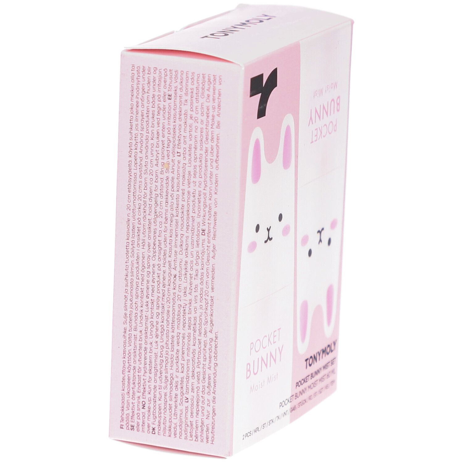Emballage rose, vue latérale. Texte : POCKET BUNNY, TONYMOLY. Texte en petits caractères avec informations sur le produit.