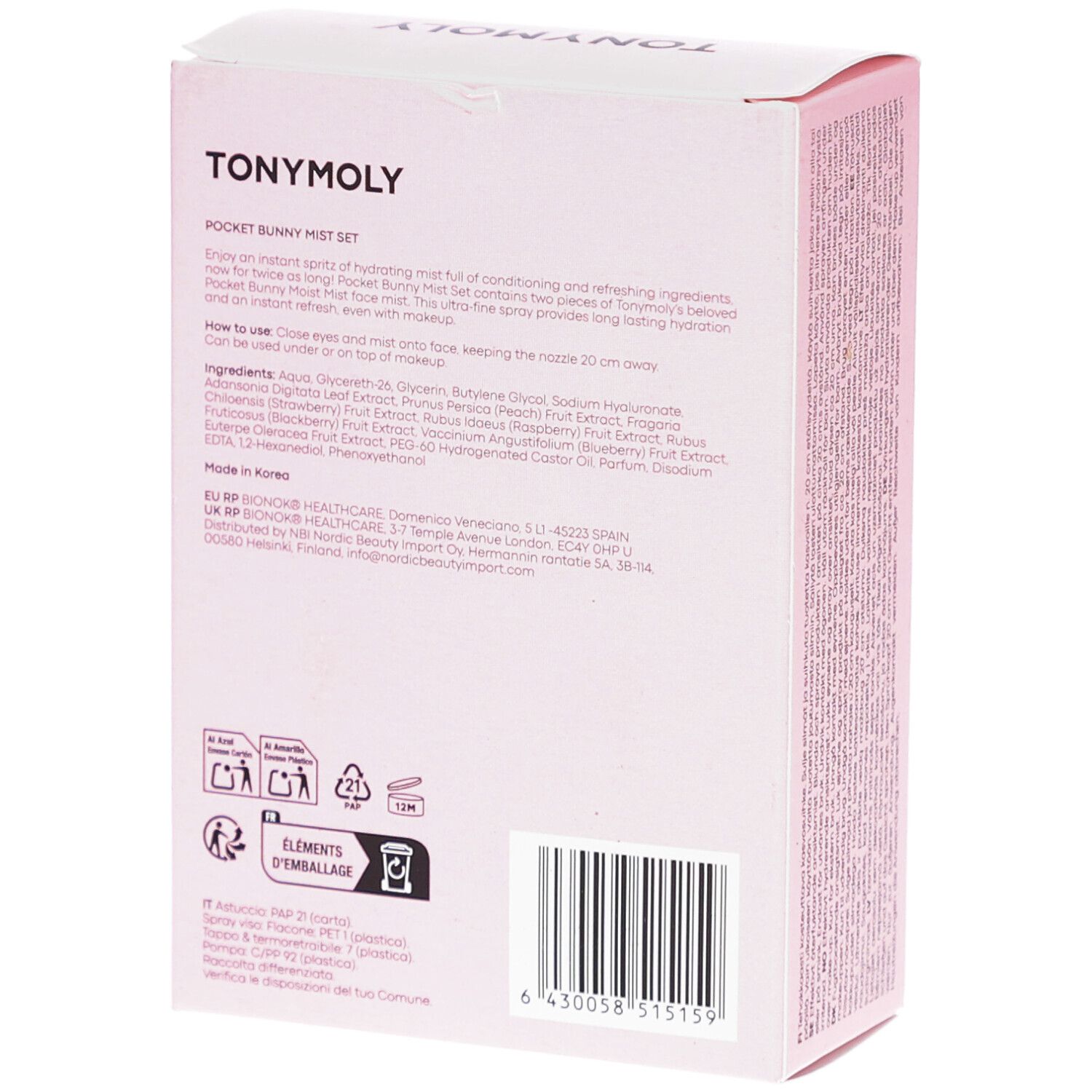 Dos de l'emballage rose. Texte : POCKET BUNNY Moist Mist Set. Petites informations sur le produit et ingrédients.