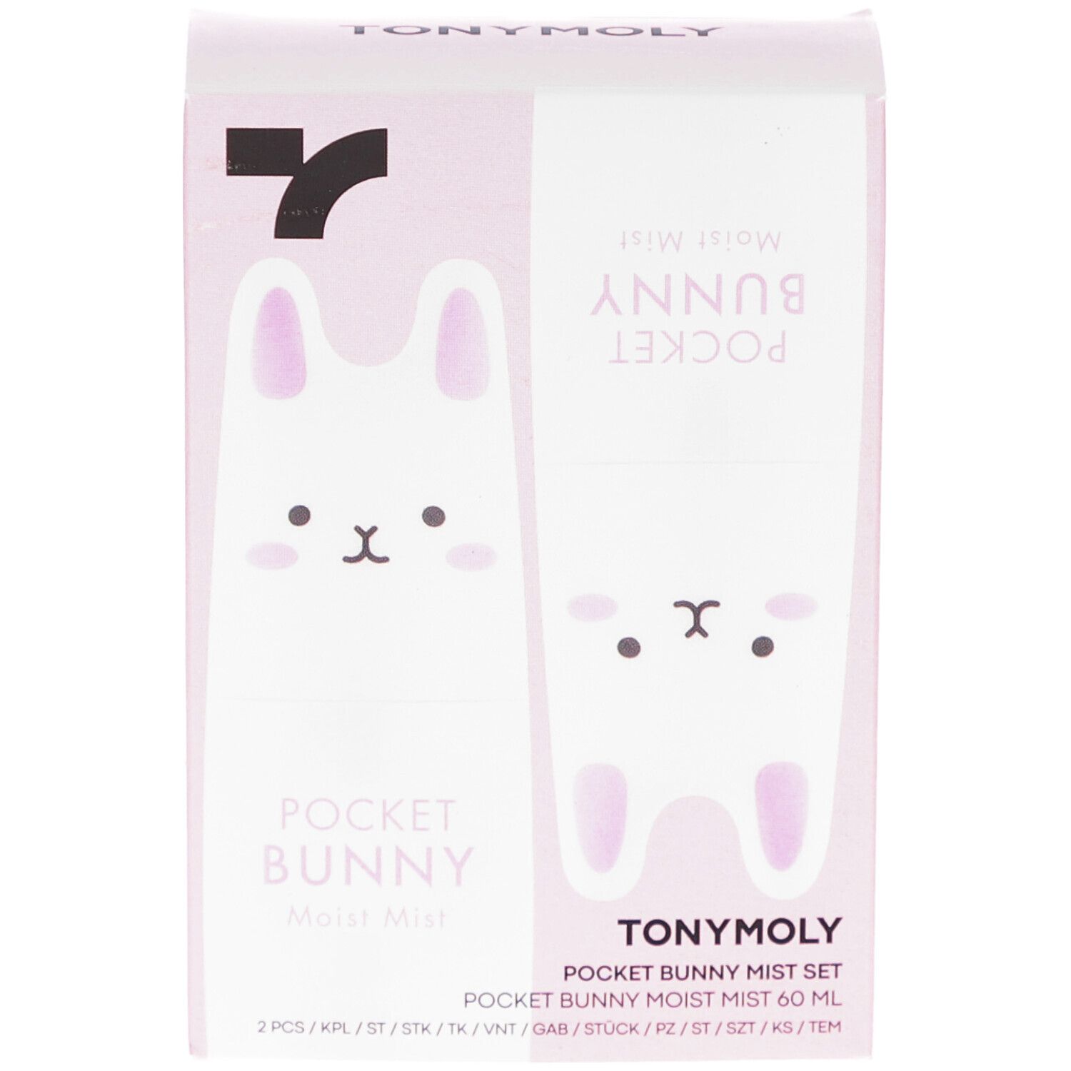 Emballage rose avec illustrations de lapin et noms de produits. Texte : POCKET BUNNY, TONYMOLY, Moist Mist Set.