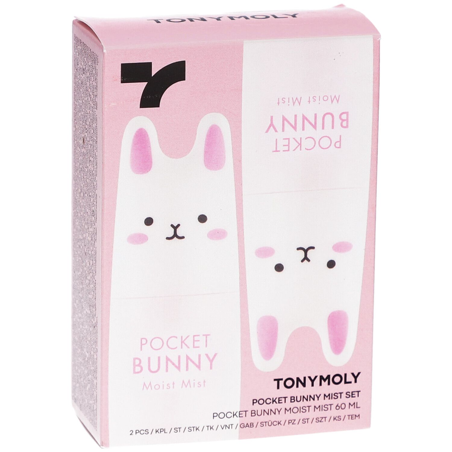 Emballage rose avec illustrations de lapin et noms de produits. Texte : POCKET BUNNY, TONYMOLY, Moist Mist Set.