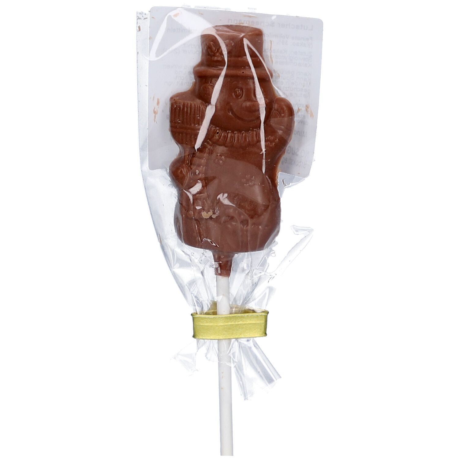 Schokoladen-Lutscher in Schneemannform, in transparenter Folie verpackt. Gelbes Band am Stiel.