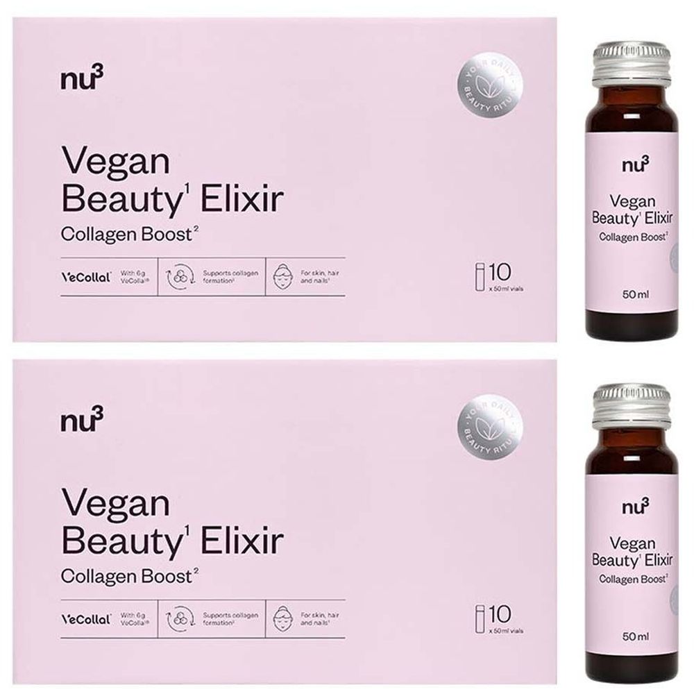 Deux boîtes et deux flacons de nu3 Vegan Beauty Elixir Collagen Boost. Inscription : 10 x flacons de 50 ml.