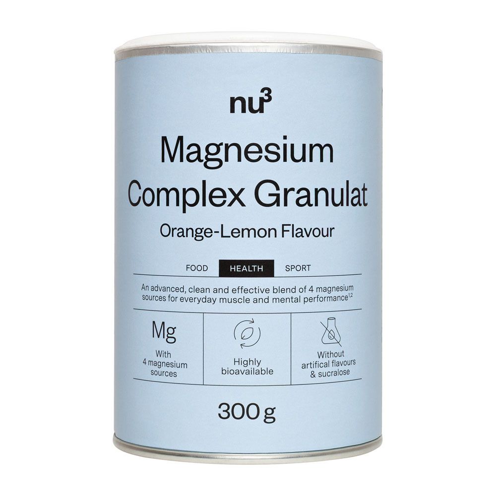 Zylindrische Dose mit nu3 Magnesium Complex Granulat. Aufschrift: Orange-Lemon Flavour. 300g. Mit 4 Magnesiumquellen.