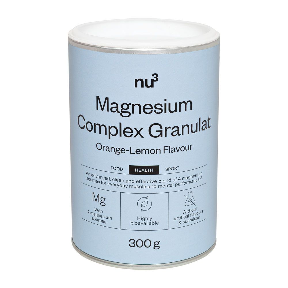 Dose nu3 Magnesium Complex Granulat, Löffel Granulat, Glas Flüssigkeit. Orange-Lemon Flavour. 300g. Mit 4 Magnesiumquellen.