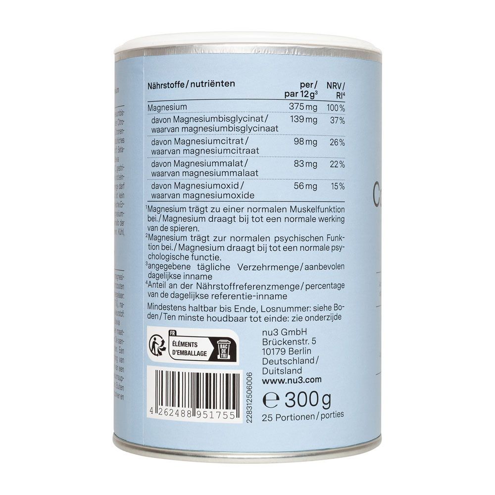 Dose nu3 Magnesium Complex Granulat, Glas Flüssigkeit. Orange-Lemon Flavour. 300g. Mit 4 Magnesiumquellen. Auf Tisch.