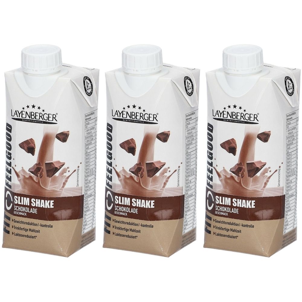 Drei Getränkepackungen mit weißem Deckel. Aufdruck: LAYENBERGER, FEELGOOD, SLIM SHAKE Schokolade. Abbildung von Schokolade im Getränk.