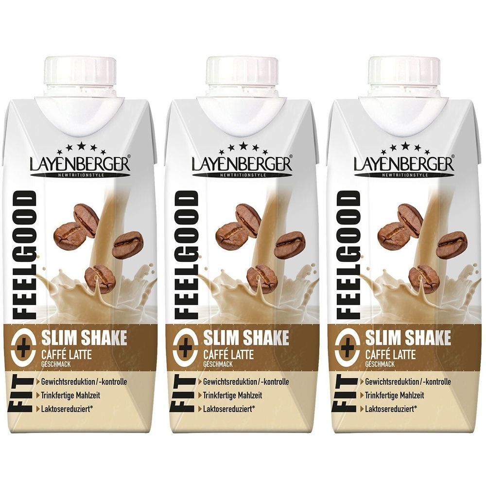 Drei Getränkepackungen mit dem Aufdruck "LAYENBERGER FIT+FEELGOOD Slim Shake Caffe Latte". Abbildung von Kaffeebohnen.