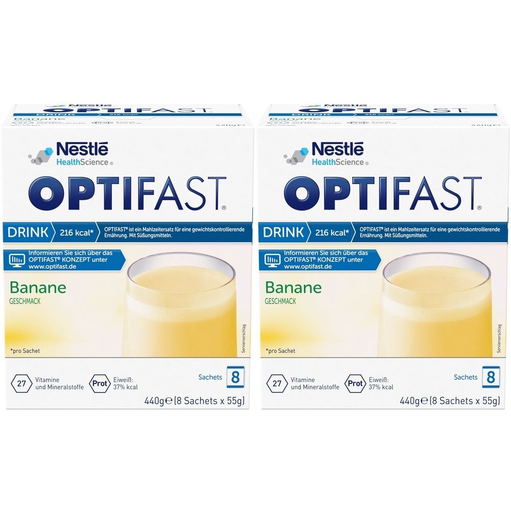 Zwei Kartons OPTIFAST Drink Banane. Aufdruck: Nestle Health Science, 216 kcal, 8 Sachets, 440g.