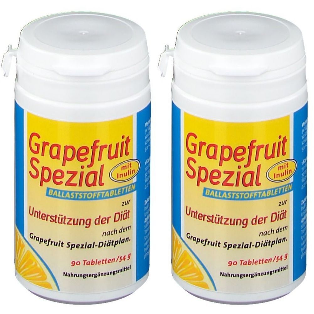 Deux flacons blancs avec étiquettes bleues et jaunes. Inscription : Grapefruit Spezial, comprimés de fibres, soutien du régime.