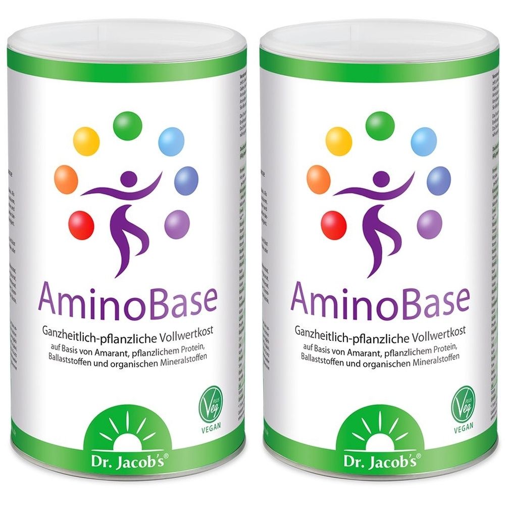 Deux boîtes de poudre de protéines végétales AminoBase. Inscription : AminoBase, Dr. Jacob's, vegan. Cercles colorés et une personne.