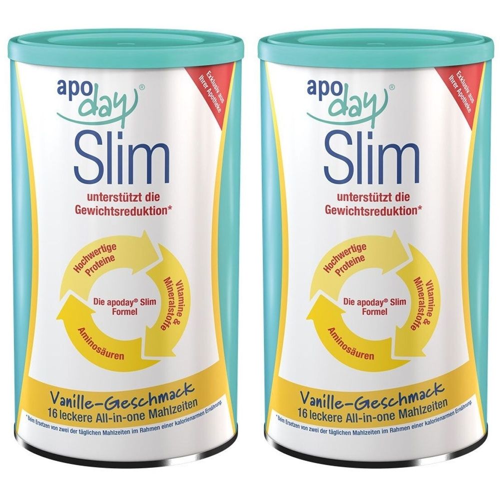 Deux boîtes de ApoDay Slim Vanille. Boîtes turquoise et blanches avec des accents jaunes. Inscription : soutient la perte de poids.