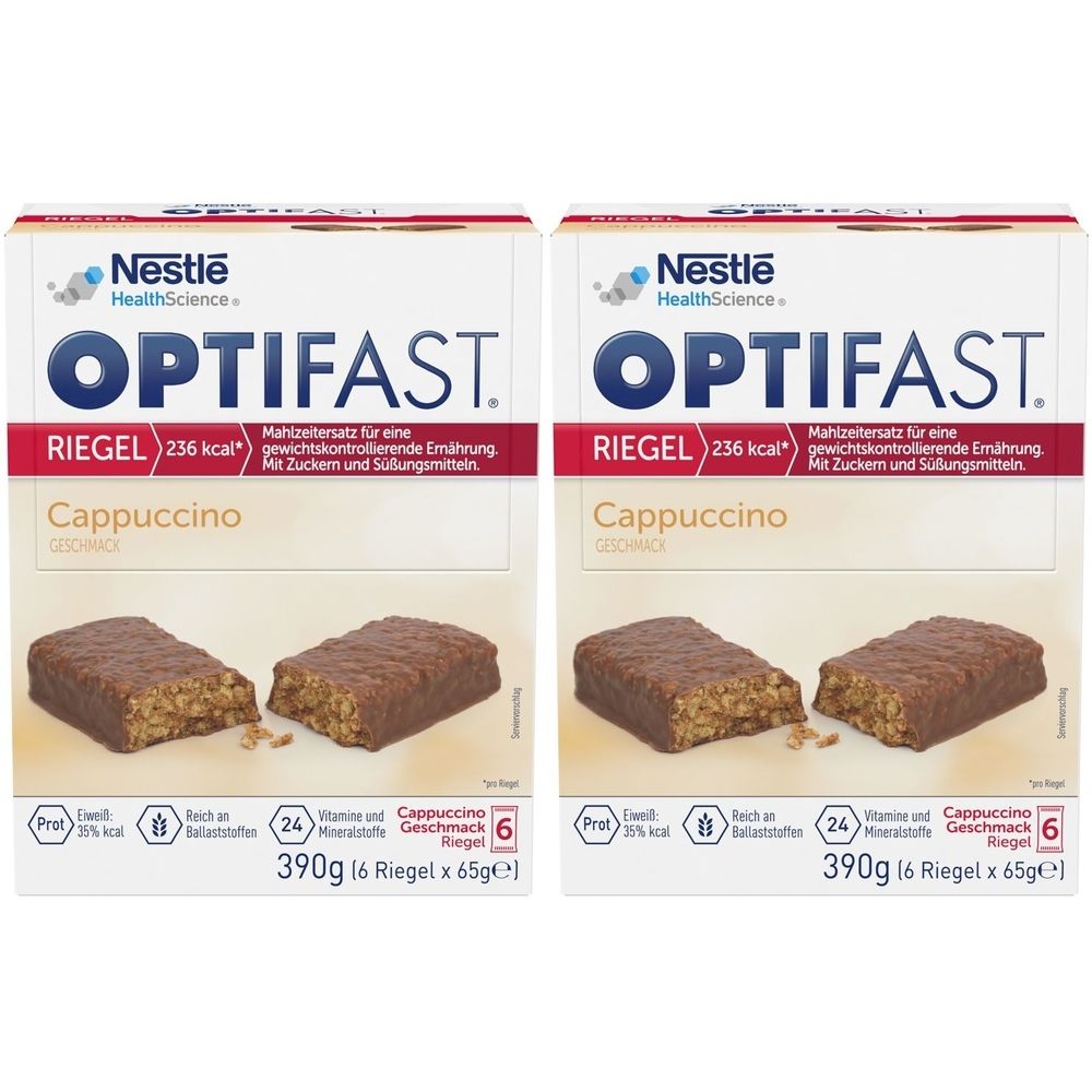 Deux boîtes de barres OPTIFAST Cappuccino. Chaque boîte contient 6 barres. Inscriptions : 236 kcal, 390g, 24 vitamines et minéraux.
