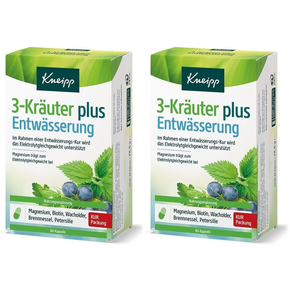 Deux boîtes de gélules KNEIPP 3-Kräuter plus Entwässerung. Emballage vert et blanc avec nom et ingrédients.