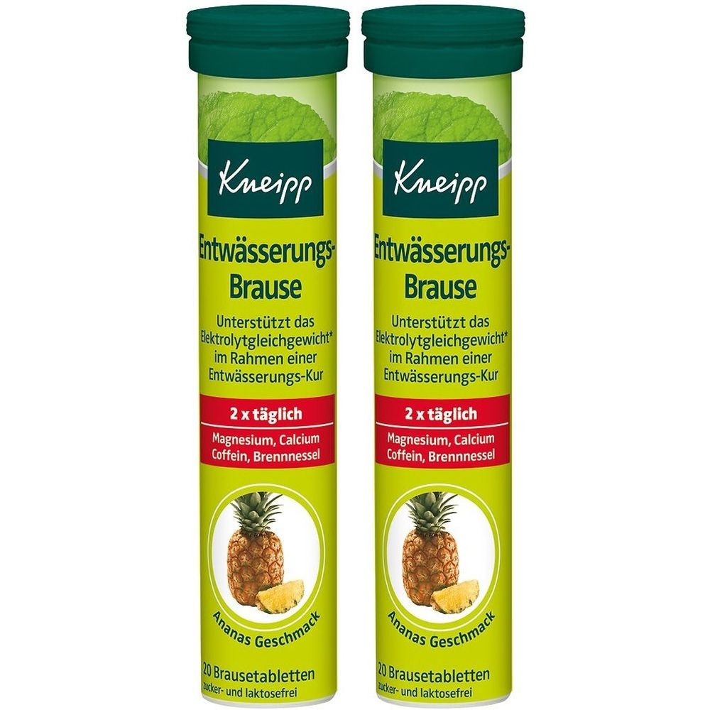 Deux tubes verts de comprimés effervescents. Inscription: Kneipp Entwässerungs Brause. Goût ananas. 20 comprimés effervescents. Sans lactose.