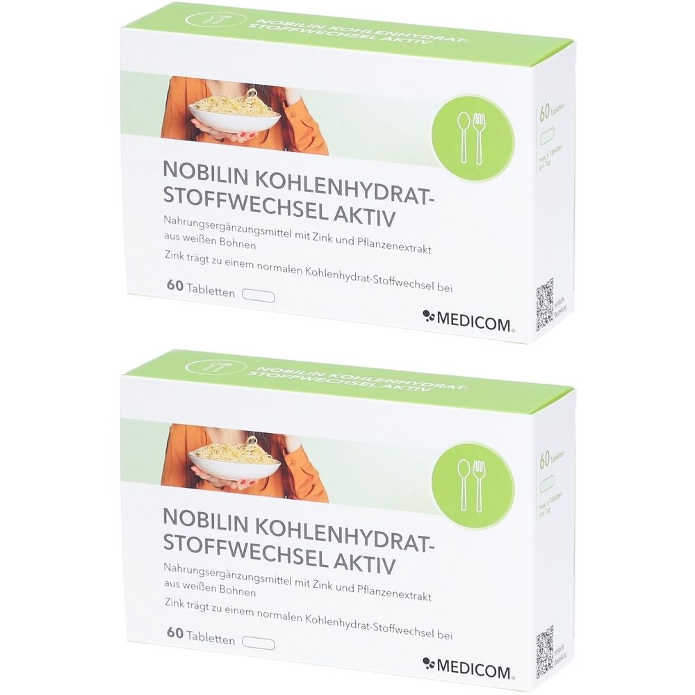 Deux boîtes de NOBILIN Kohlenhydrat-Stoffwechsel Aktiv Tabletten. Emballage blanc avec des accents verts et informations produit.