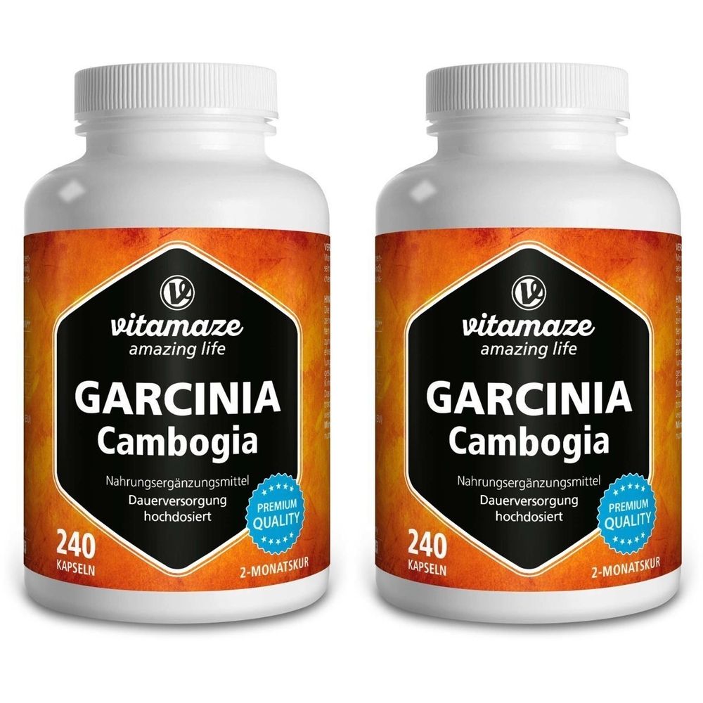 Deux flacons blancs avec étiquettes. Inscription: GARCINIA Cambogia, complément alimentaire. Marque: vitamaze. 240 gélules, qualité premium.