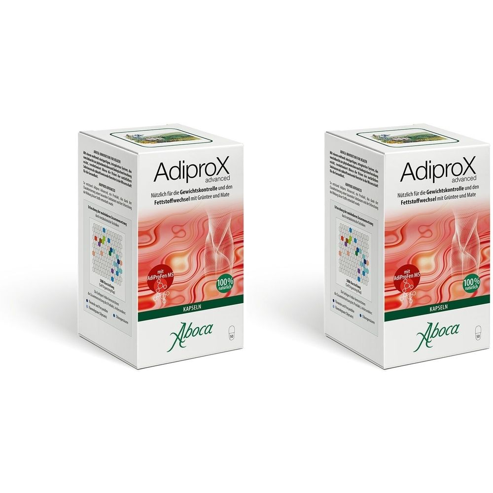 Zwei Schachteln mit "Adiprox advanced Kapseln". Weiße Verpackung mit Produktnamen, Aboca-Logo und grafischen Elementen.