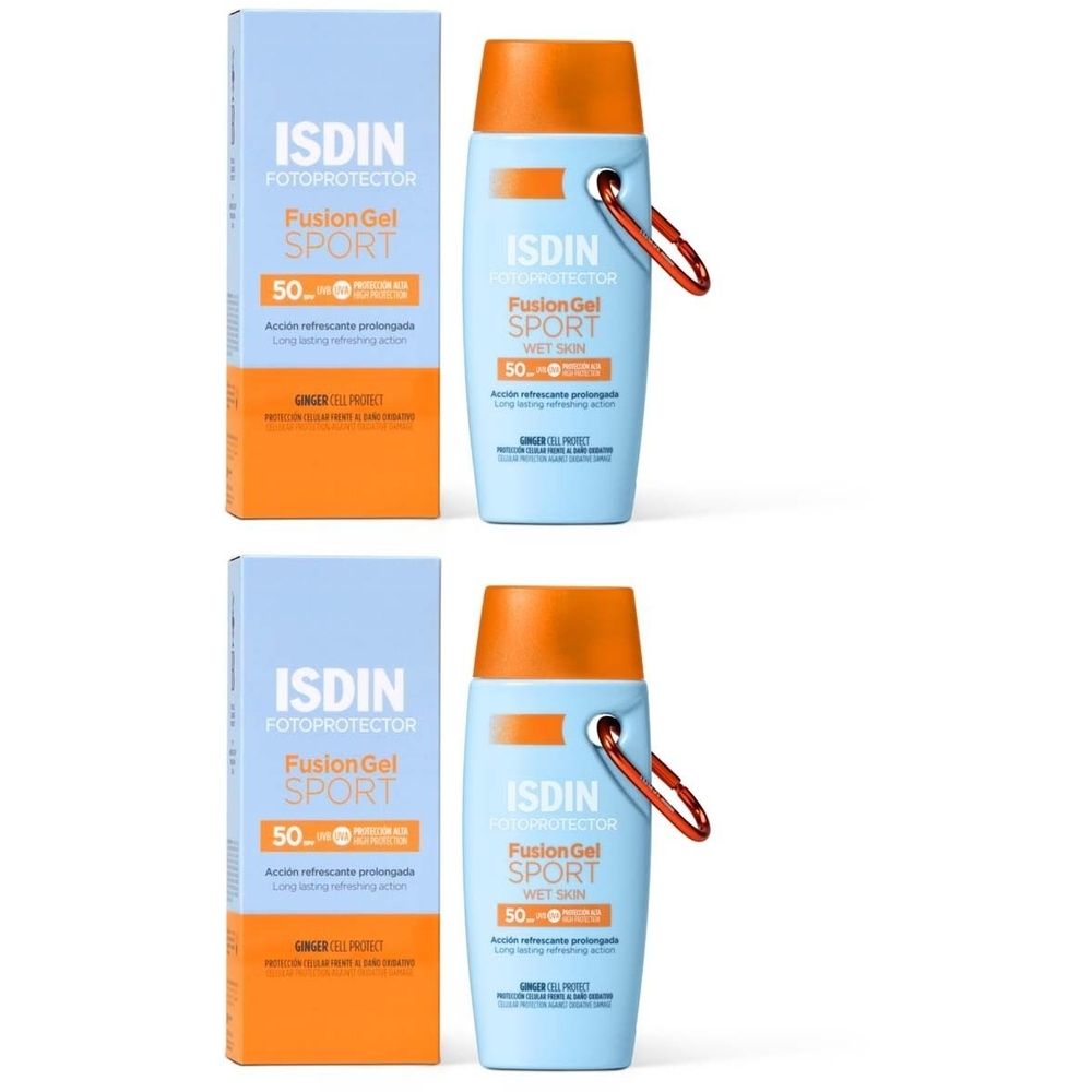 Deux flacons de gel solaire ISDIN Fusion Gel SPORT SPF 50 avec emballage. Flacons bleu clair avec bouchons orange et mousquetons.