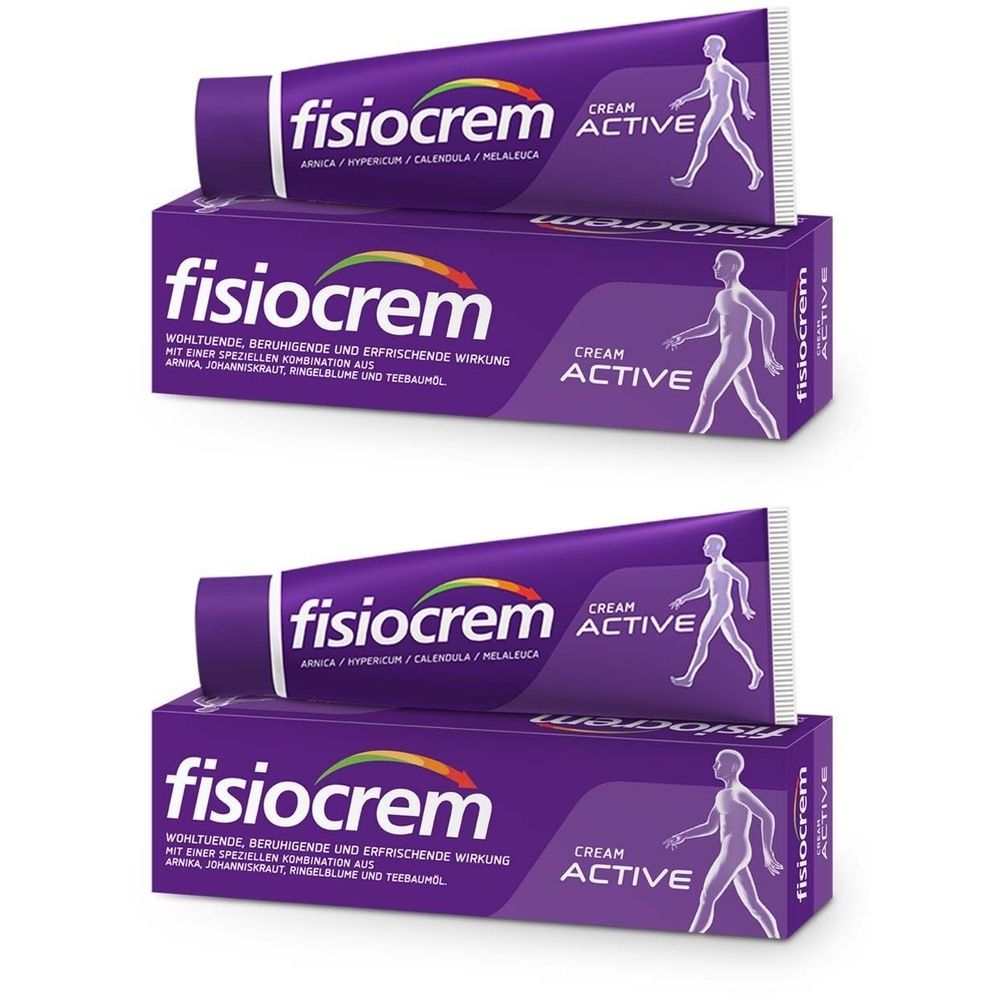 Zwei Tuben und Schachteln fisiocrem Cream Active. Lila Verpackung mit Produktnamen und Abbildung einer Person. Text: Arnica, Hypericum, Calendula, Melaleuca.