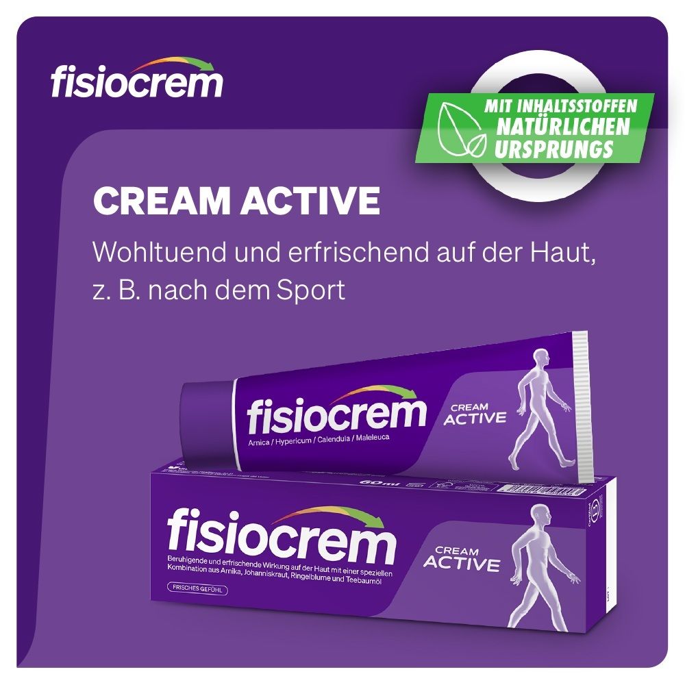 Tube et boîte Fisiocrem Cream Active avec silhouette stylisée. "Avec des ingrédients d'origine naturelle".