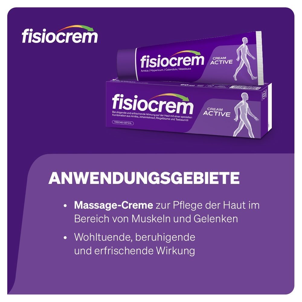 Tube et boîte Fisiocrem Cream Active. "Domaines d'application" : crème de massage, effet apaisant.