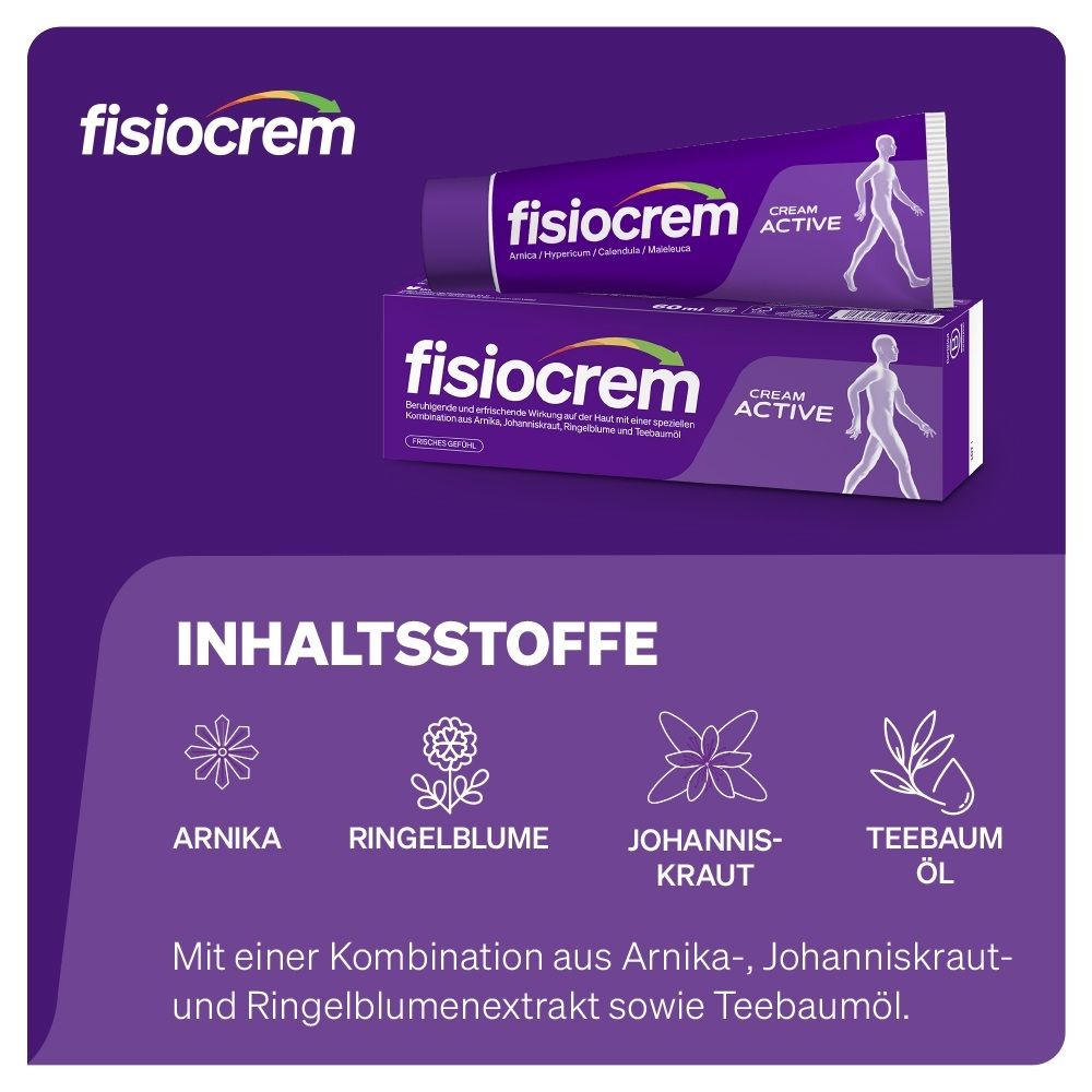 Tube et boîte Fisiocrem Cream Active. "Ingrédients" : Arnica, souci, millepertuis, huile d'arbre à thé.
