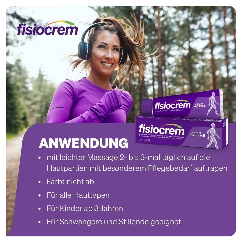 Coureuse avec écouteurs et tube et boîte Fisiocrem Cream Active. "Application" : 2-3 fois par jour.