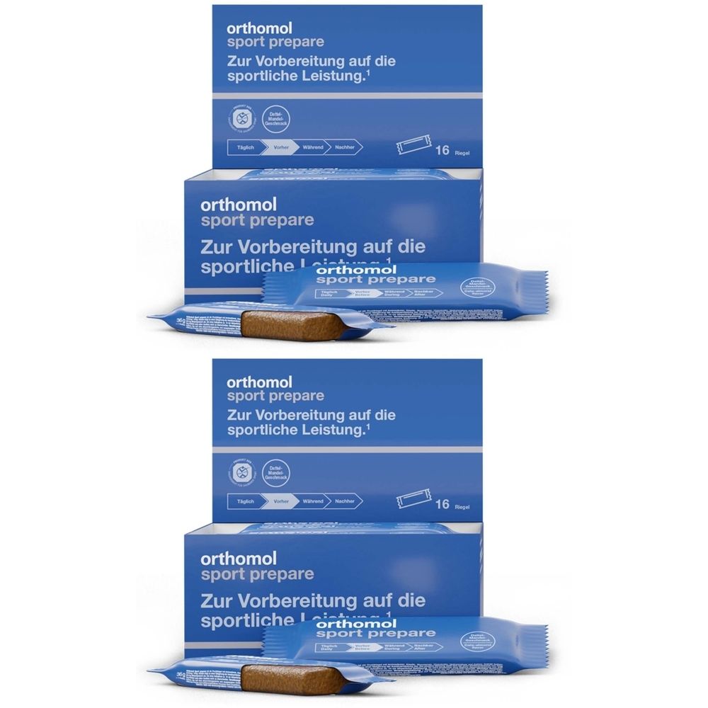 Plusieurs boîtes bleues et barres Orthomol Sport prepare. Les boîtes indiquent "Zur Vorbereitung auf die sportliche Leistung".